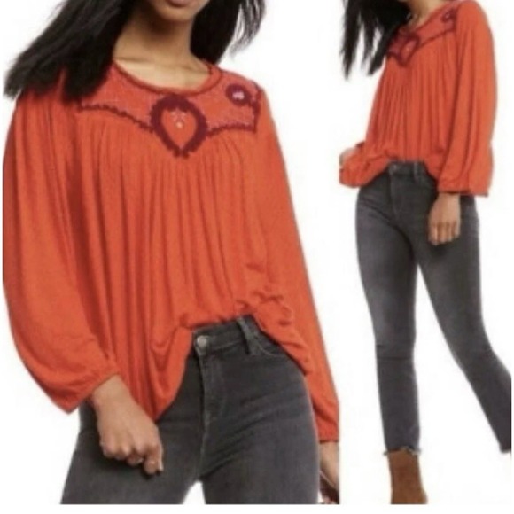 Free People Women Bohemian Peasant Top M Rust Orange Embroidered Long Sleeve - Picture 3 of 12